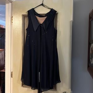 Macy’s Navy chiffon cocktail dress with black lace and sequined underline